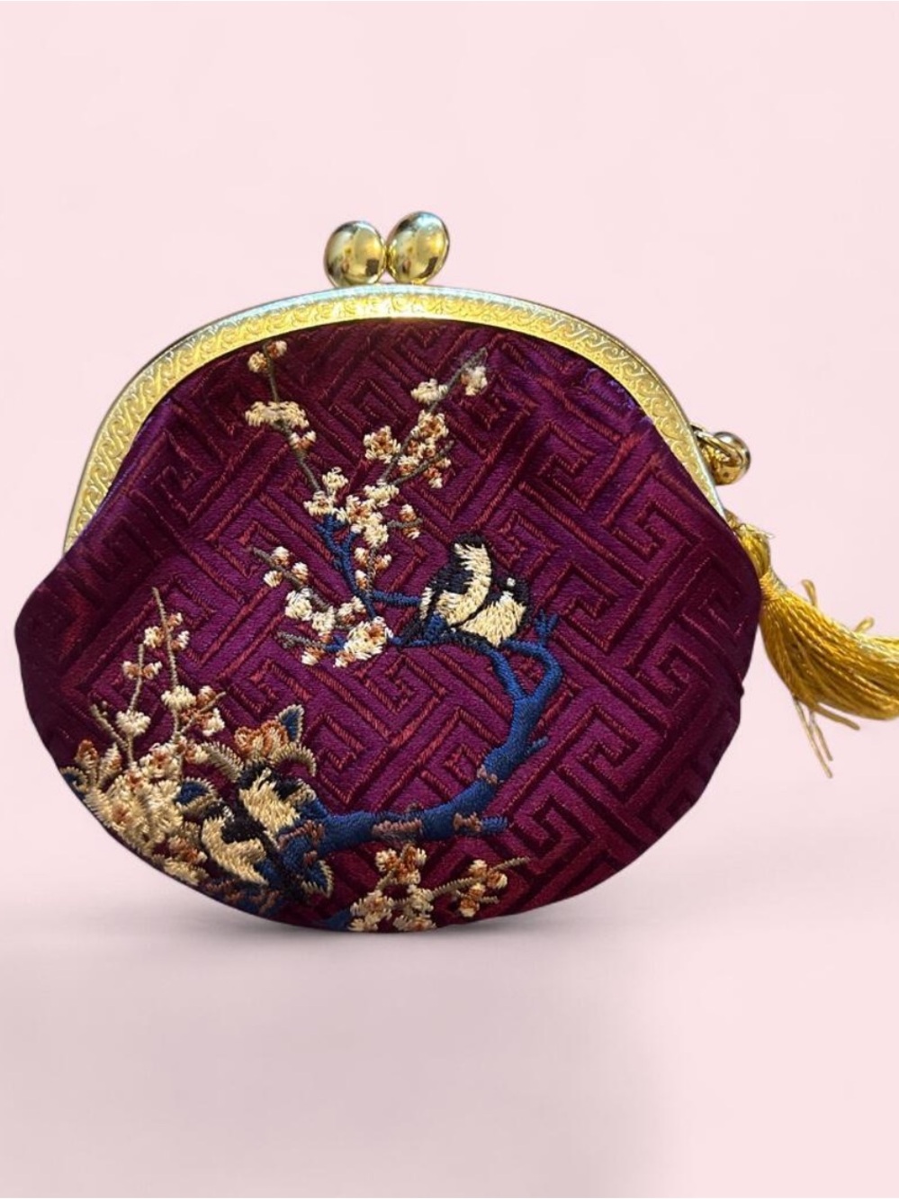 Otherwild Embroidered Plum Blossom Coin Purse - Deep Purple & Gold